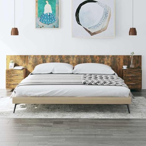 vidaXL Cabecero de cama y mesitas madera contrachapada roble ahumado (1/5)