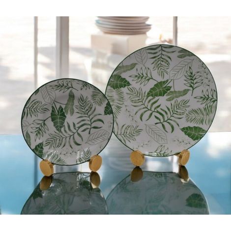 Servizio di Piatti da Tavola in Ceramica Foglie Bordo Verde 12 Pezzi (1/3)