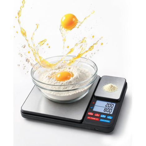 Balance Cuisine Double Plateau Haute Précision, 10kg & 500g/0,01g,14 Unités, Tare, PCS, USB Rechargeable, Piles Incluses, Inox – Pâtisserie Bijoux Épices (1/5)