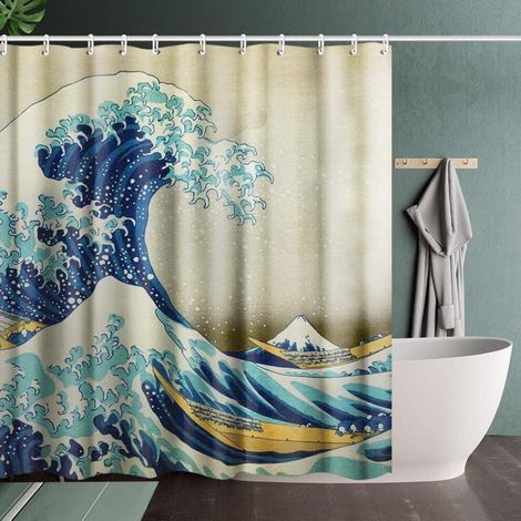 Ensemble de rideau de douche à motif de vagues INVIN ART (avec crochets), orné de « La Grande Vague de Kanagawa » de Katsushika Hokusai, une œuvre d'art décorative pour la salle de bain. (1/5)