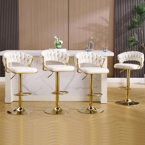 Barhocker 4er Set Samt Weiß höhenverstellbar 360° drehbar mit geflochtener Rückenlehne und goldener Fußstütze (1/5)
