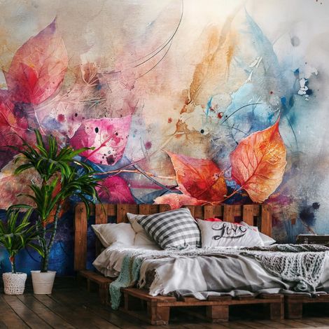 Fototapete Abstrakt Blätter Beton, für Wohnzimmer und Schlafzimmer, 300 x 210 cm – Komplettset inkl. Kleister & Anleitung (1/5)