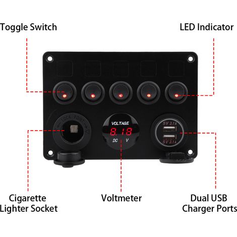 5-fach Wippschalterpanel (12–24 V) mit zwei USB-Anschlüssen und Voltmeter für Auto, Boot, LKW (1/5)