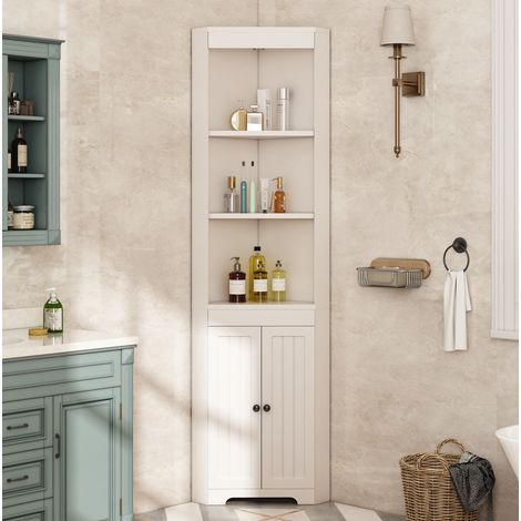 Colonna bagno ad angolo in MDF bianco 49,5 cm con 3 vani aperti e 2 ante (1/5)