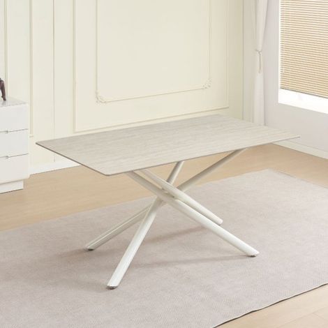 Tavolo fisso Sand con piano in ceramica beige opaco e struttura in metallo bianco