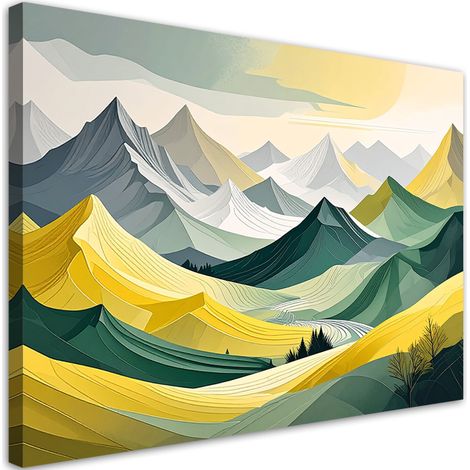 Tabelau sur Toile, Paysage pastel de montagnes vertes et jaunes,30x20 (1/4)