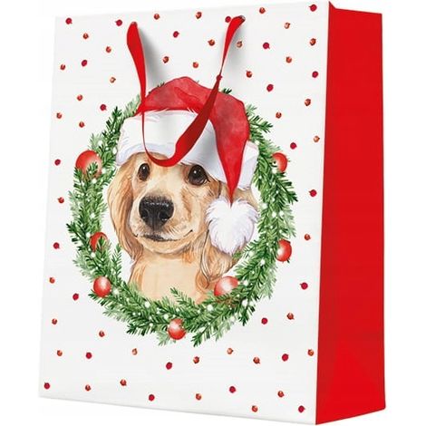 Sac cadeau de Noël Chien avec bonnet de Père Noël 26x33x13cm