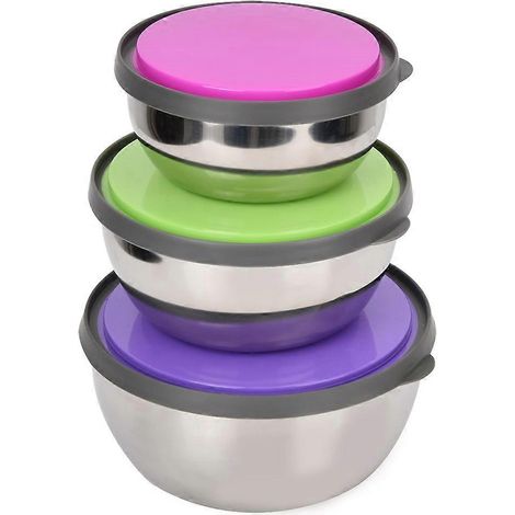Lot de 3 bols hermétiques en acier inoxydable avec couvercle, boîte de conservation des aliments, ustensile de cuisine (rose, vert, violet) (1/4)