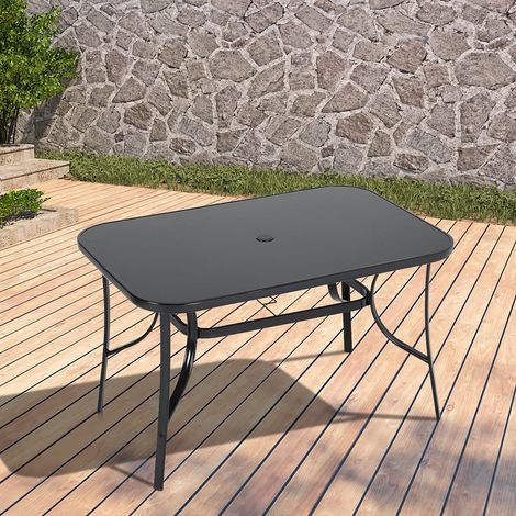 Black Garden Glass Top Rectangle Table With Umbrella Hole, 120CM