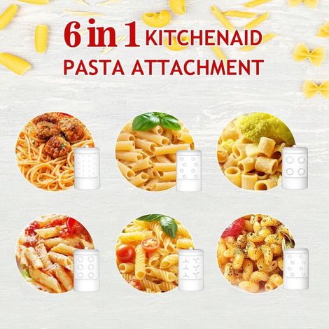 Accessoire pour pâtes compatible avec les robots pâtissiers KitchenAid, offrant 6 formes de pâtes différentes. Accessoires KitchenAid résistants et compatibles lave-vaisselle.