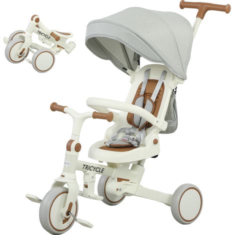 Tricycle 5 en 1 avec manche de poussée et auvent amovible, 96,5x49x101 cm, Blanc Crème