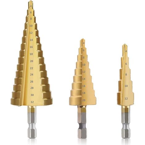 Foret Étagé - Acier Rapide HSS Revêtement Titane - Tige Hexagonale - Pour Plastique Aluminium Acier Bois - 4-12 mm / 4-20 mm / 4-32 mm - 3 Pièces