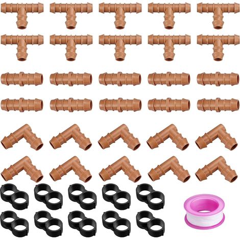 40 Pièces Raccord d'Irrigation 16mm pour Tubes, 10 Tés, 10 Couplages, 10 Coudes et 10 Bouchons d'Extrémité Connecteurs Barbelés pour Systèmes d'Arrosage Goutte-à-Goutte (1/2 Pouce) (1/5)