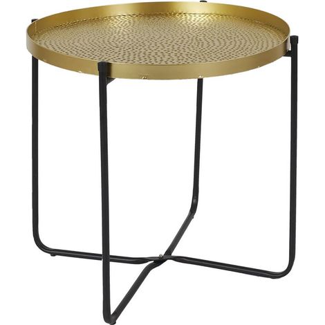 SYMBA - Table d'Appoint D50cm Plateau en Métal Doré Martelé Pieds en Métal Noir (1/4)