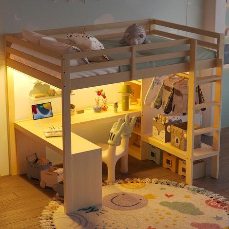 Lit mezzanine 140x200 avec étagères multifonctionnelles, bureau sous le lit, éclairage LED et port USB, Naturel, garantie 2 ans