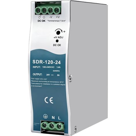Rail Switching Power 120W Alimentation Industrielle Entrée AC 100-240V 1,4A Sortie DC 24V 5A Alimentation 24V DC Rail Din pour Boîtes Distribution,Instruments,Équipements Communication SDR-120-24 (1/5)