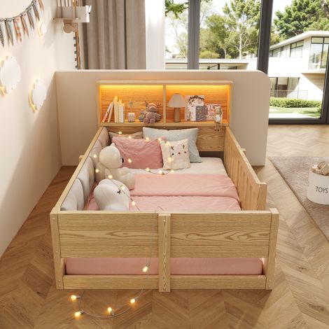 Lit enfant 90x200cm - Barrières LED rangement tête de lit rembourré - Panneaux particules - Naturel (1/5)