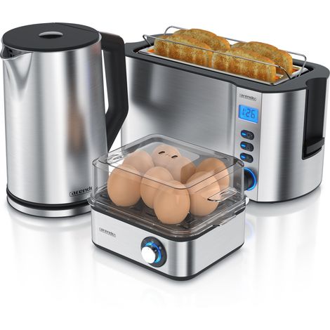 Arendo Frühstücks-Set, 8er Eierkocher EIGHTCOOK, Wasserkocher 1,5l, 4-Scheiben Toaster Langschlitz, Silber (1/5)
