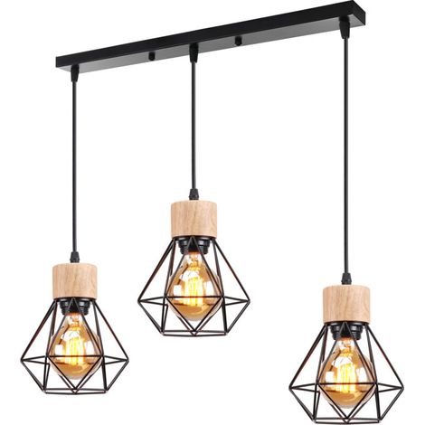 – Suspension luminaire industrielle 3 lampes E27 – Abat-jour cage métal noir – Style vintage pour salle à manger et salon – Tension 220V (1/5)