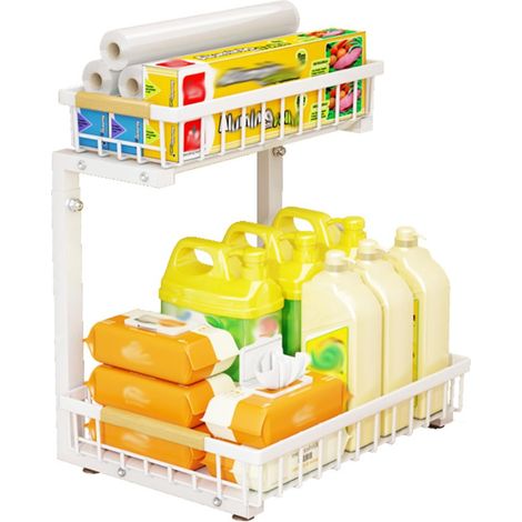 Rangement pratique sous évier – Étagère coulissante 2 niveaux en acier carbone – Hauteur ajustable 42-48,8 cm – Pieds antidérapants – Pour cuisine/salle de bain – Double couche blanc (1/5)
