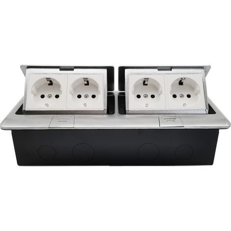 Prise encastrable au sol, 4 prises, bouton apparait escamotable, prise de sol, pour sol, table, bureau, plan de travail, restaurant, argenté (1/5)
