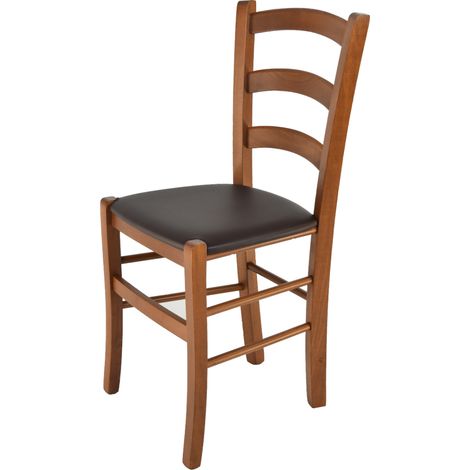 Tommychairs - Sedia modello Venice per cucina bar e sala da pranzo, robusta struttura in legno di faggio color noce e seduta rivestita in pelle artificiale colore moka (1/5)