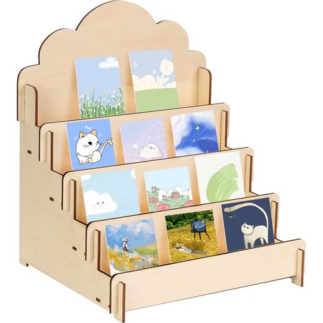 Présentoir à Cartes en Bois avec Support à 4 Niveaux, Support de Présentation Présentoir de Cartes pour Cartes, pour Postales, Brochures, Photos, Images (30x26.5x35 cm) (1/5)