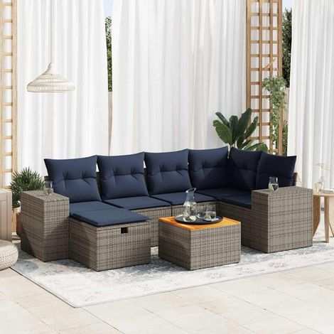 Set de sofás de jardín 7 pzas con cojines ratán sintético gris vidaXL (1/5)
