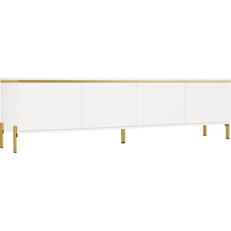 Meuble TV moderne blanc laqué avec 4 portes et finition dorée (1/5)