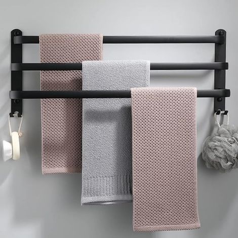Porte-serviettes mural en aluminium 3 niveaux avec crochets 30 cm porte-serviettes noir étanche pour salle de bain cuisine salle de bain (1/4)