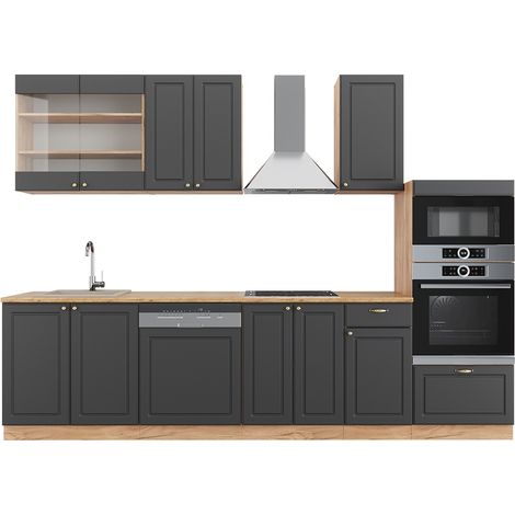 Mueble de cocina Fame-Line, Antracita Casa de campo/Roble kraft dorado, 300 cm con armario alto, ET Roble, Vicco