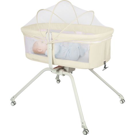 Haloyo® Beistellbett Baby mit Vordach, Tragbares Kinderbett, Babybett, Babywiege, mit Rollen, 94x70x80cm, cremefarben (1/5)