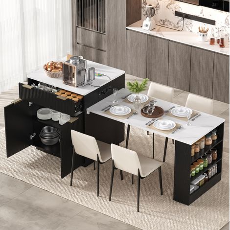 Table de bar Îlot de cuisine extensible 127,5-205 cm avec LED, USB Type-C, tiroirs et étagères, MDF noir (1/5)