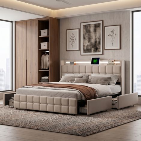 Lit avec 4 tiroirs 160x200 cm - éclairage led ports usb,sommier à lattes - style capitonné moderne - lin - beige (1/5)