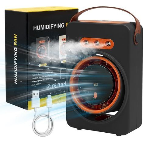 Ventilateur Climatiseur Silencieux Portable,Ventilateur Brumisateur avec 5 vitesses et minuterie, Ventilateur Bureau Rechargeable Usb pour Maison,Voiture,Camping (1/5)
