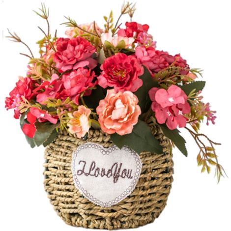 Fleurs Artificielles - Bouquet de Pivoines en Soie - Panier Tressé en Paille - Décoration Printanière pour Bureau Maison Centre de Table Mariage - 1 Pièce (1/5)