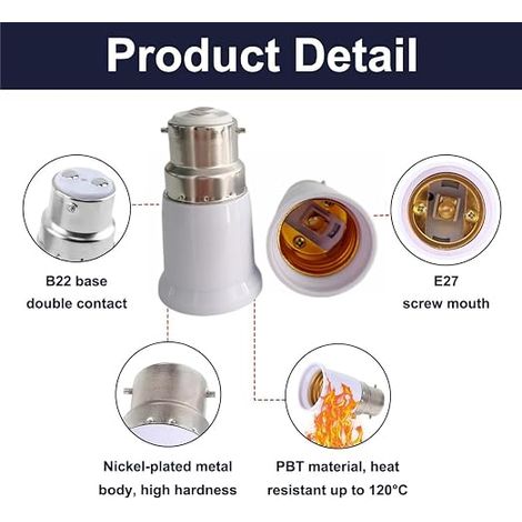 Adaptateur de Douille B22 vers E27, Convertisseur B22 à E27, Adaptateur Ampoule, Convertisseur Douille, 0-250V, Pour Ampoules LED, Incandescente, Halogène, CFL (1/3)