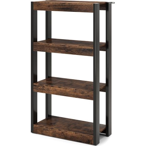 Libreria in legno a 4 ripiani con kit antiribaltamento e ripiani a giorno.