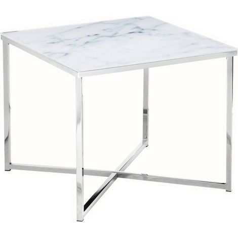Table d'appoint carrée bout de canapé en verre effet marbre blanc et métal chromé 50x50x42 cm - PANGIVO (1/5)