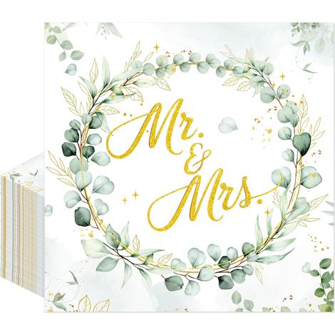 Lot de 40 serviettes de table de mariage - Eucalyptus Mr et Mrs - Serviettes de mariage - Vert sauge - 33 x 33 cm (1/5)