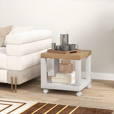 Table Annexe Roulettes Étagère Ouverte Canapé Salon Chambre Mobilier Intérieur Naturelle Blanche 40x40x40cm