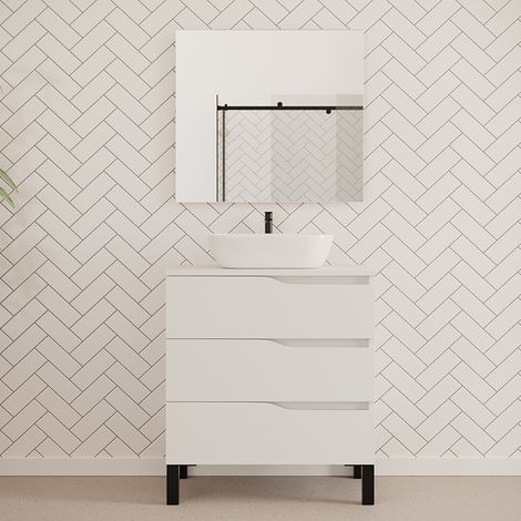 Meuble de salle de bain 70cm avec plateau et vasque à poser zeus - 3 tiroirs - blanc - MATA (1/5)
