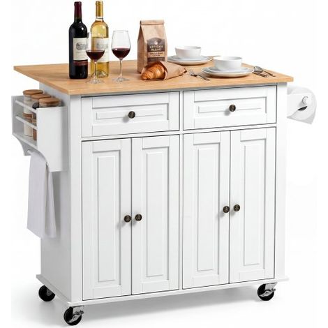 Îlot de Cuisine, Mobile Desserte à Roulettes en Bois 110,7 cm Blanc (1/3)