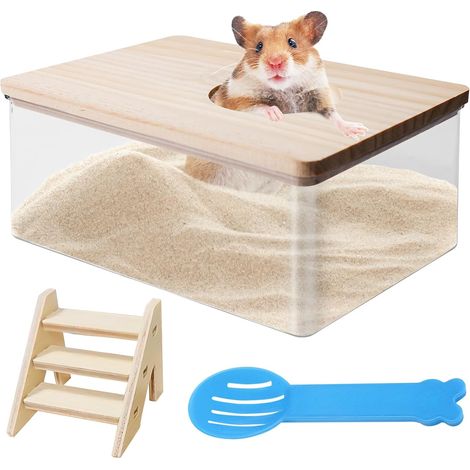 Bain de sable pour hamster et animaux de compagnie avec échelle et pelle, conteneur de bain de sable transparent pour hamster, souris, gerbille (1/5)
