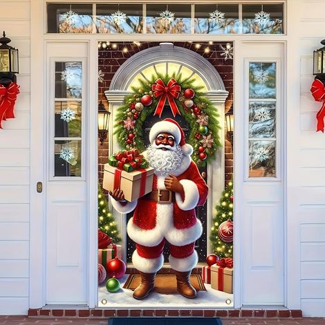 Stickers de porte de Noël, décorations de porte Père Noël, décorations de fête du Nouvel An, décorations de fêtes, banderoles/décorations de porte - 90 x 180 cm (avec trous et ruban) - 9