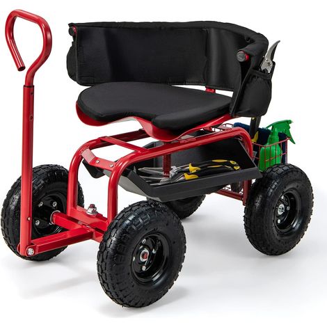 COSTWAY Gartenwagen mit Rollsitz & ausziehbarem Griff, Mobiler Gartensitz mit Ablage & Korb & Werkzeugtasche & Sitzkissen, 360 ° drehbar höhenverstellbar, Lenkbarer Gartenhocker bis 150 kg, Rot (1/5)