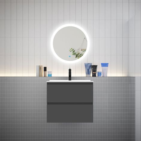 Ensemble meuble vasque L.60cm 2 tiroirs + lavabo + LED miroir rond 60cm,anthracite,aica