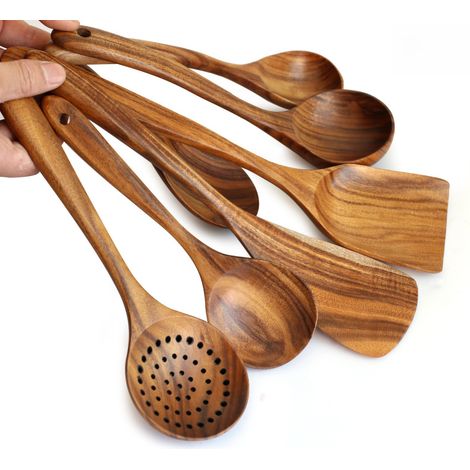 Spatule en bois massif de teck verni Chaoyi, directement de l'usine en Thaïlande, pour la cuisine, idéale pour les sautés et les soupes (Pelle plate en acacia, 32 x 7,5 cm). (1/5)
