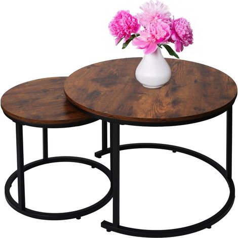 Modernes rundes Couchtisch-Set, 2-in-1, Loft-Industrie-Couchtisch, antike Eiche