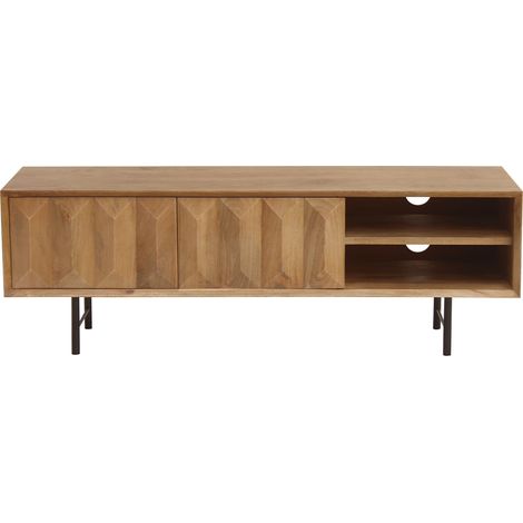 Meuble TV en bois clair manguier massif gravé et métal noir L120 cm AGRA